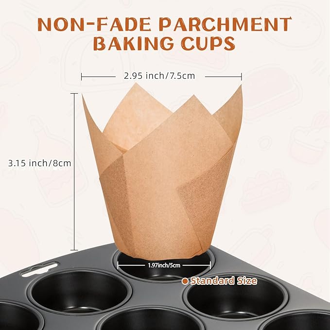 200pcs Natural Tulip Cupcake Liners, Premium Muffin Liners Holders for Baking Cups, Greaseproof Cupcake Wrappers in Standard Size, Classic Parchment Paper Cupcakes Liner by JIRNGLA