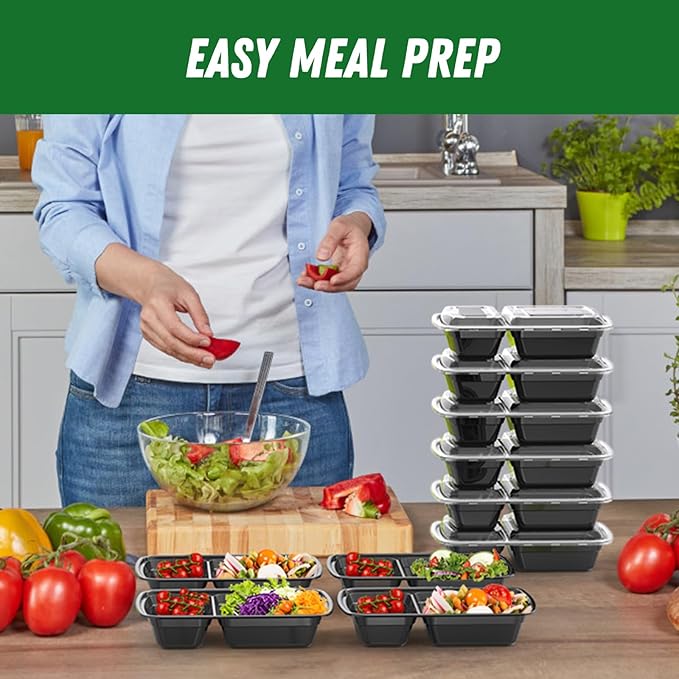 50 Pack (100-Piece) 28 oz Meal Prep Containers Reusable with Lids 2-Compartment, Sturdy Leakproof Food Safe, Microwave Freezer Dishwasher Safe, To Go Take Out Plastic Food Storage, Black