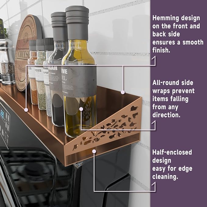30" Magnetic Stove Top Shelf – Brushed Copper Spice Rack and Seasoning Organizer – Kitchen Shelf for Back of Stove – Over Stove Rack and Storage Organizer