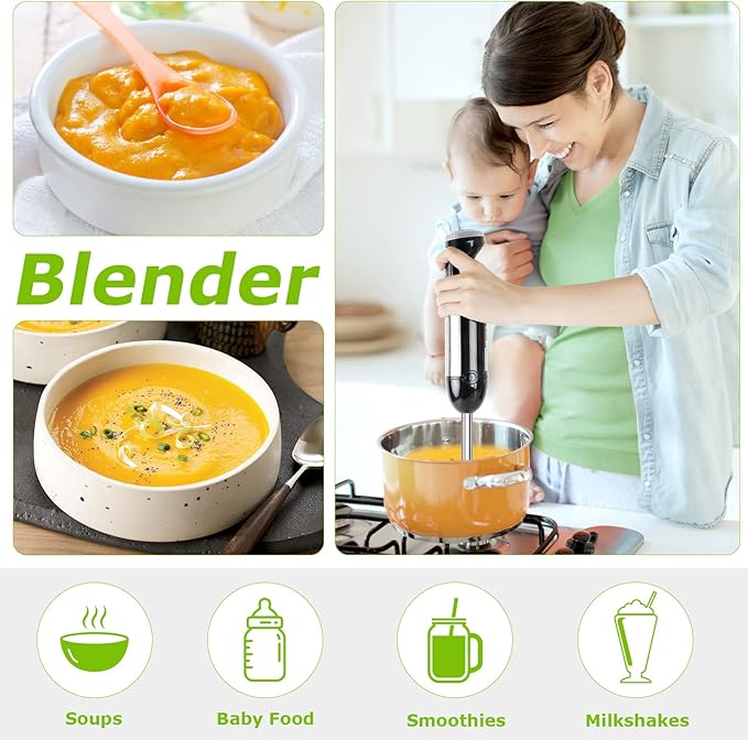 Hand Blender 4-in-1, Bonsenkitchen Stainless Steel 20-Speed Immersion Blender with Food Grinder Bowl, Measuring Mug, Egg Whisk for Smoothies, Baby Food, Sauces, Soups, Puree