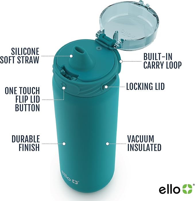 Ello Cooper 40oz Stainless Steel Water Bottle with Straw and Carry Handle, Double Walled and Vacuum Insulated Metal, Leak Proof Locking Lid with Soft Silicone Spout, Reusable, BPA Free, Antigua