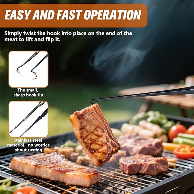 BBQ Turner Hooks, Meat Hook Flipper, Iron BBQF Turner Hooks, Flips Cooking Hooks, BBQ Food Flipper, for Grilling Smoking Frying, Long Handle Meat Hooks (Type B)
