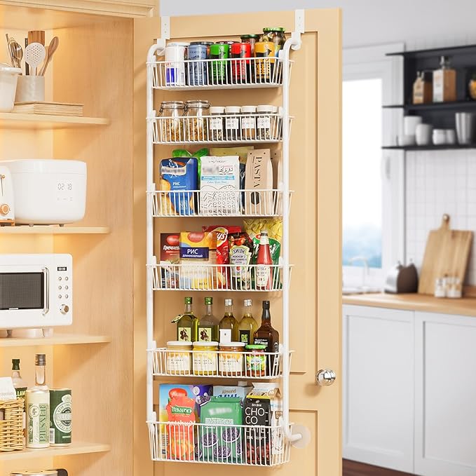 Delamu Large Over the Door Pantry Organizer, 6-Tier Metal Pantry Door Organization and Storage for Easy Install, Hanging Spice Rack Seasoning Shelves for Cabinet & Kitchen, D6.7xW17.5xH53.7 in, White