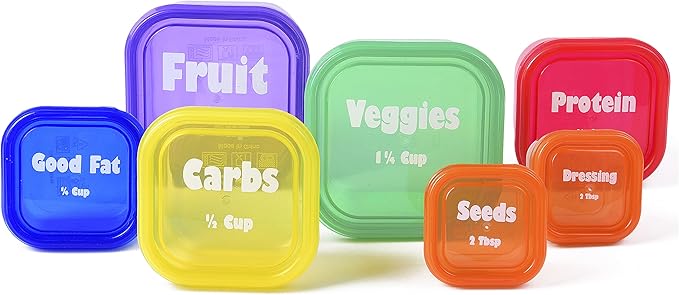 Portion Control Containers DELUXE Kit (28-Piece) with COMPLETE GUIDE + 21 DAY PLANNER + RECIPE eBOOK BPA FREE Color Coded Meal Prep System for Diet and Weight Loss
