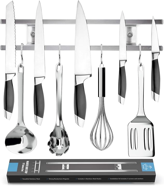 Zulay (12 Inch) Stainless Steel Magnetic Knife Holder For Wall - Powerful Knife Magnetic Strip With Extra Hanging Hooks - Wall Mount Magnetic Knife Strip & Organizer For Kitchen & Tools (Silver)