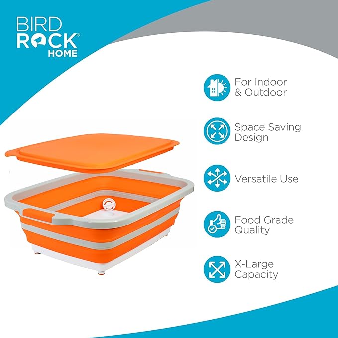 BIRDROCK HOME Collapsible XL BBQ Prep Tub w/Cutting Board, Multi-Function Grill Caddy w/Colander & Lid, Portable Silicone Dish Bowl for Picnic, Tailgate, Camping - Orange