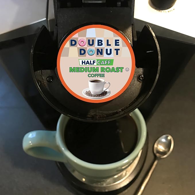 Double Donut Coffee Half Caff Coffee Pods, Single Serve Half Caffeine Coffee Pods For Keurig K Cup Brewers, Medium Roast, 20 Count