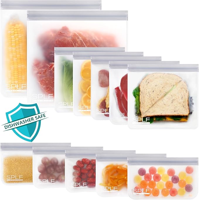 SPLF 12 Pack Dishwasher Safe Reusable Storage Bags(5 Reusable Sandwich 5 Snack 2 Gallon), Extra Thick Freezer Bags Leakproof Silicone and Plastic Free Food Lunch Bag
