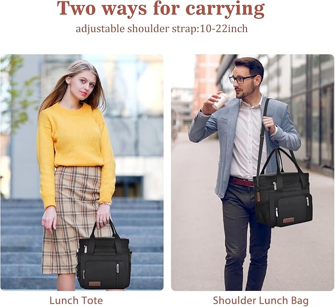 LOKASS Lunch Box for Women-Double Deck Insulated Adults Lunch Bag with Removable Shoulder Strap- Cute Wide Open Lunch Tote for Work/Office/Picnic/Beach/Travel (Black)