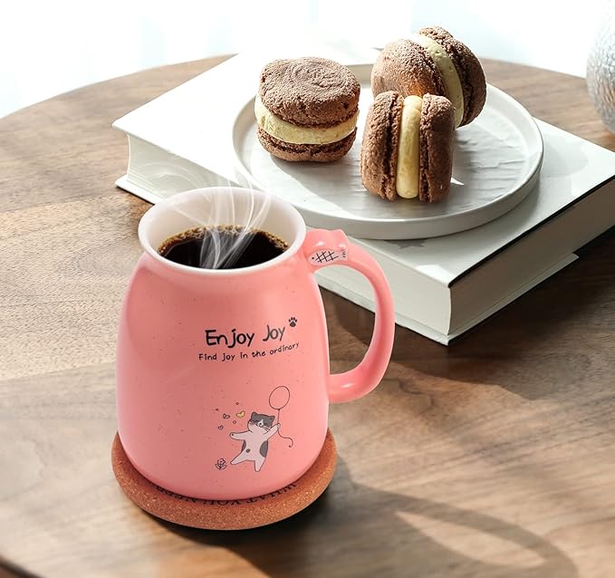 Bgbg Novelty Cat Mug Cute Ceramic Coffee Cup with Kawaii Wooden Kitty Lid, Lovely Claw Spoon, Anime Wooden Coaster, Pink Birthday Mug Gift for Cat Lovers Girl Kids Women 480ML (Pink)