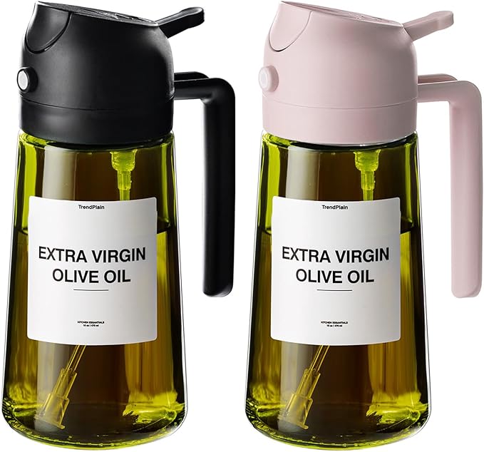 TrendPlain - Original 16oz/470ml Olive Oil Dispenser Bottle for Kitchen Gadgets and Air Fryer Accessories - Olive Oil Sprayer for Cooking w/Stickers - Black&Peach