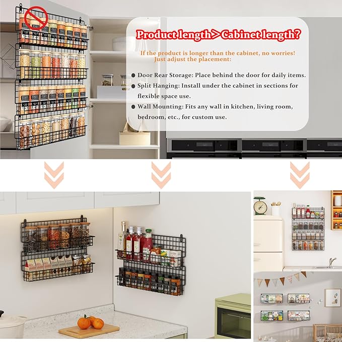 X-cosrack Upgraded Spice Rack Organizer - Wall Mounted Large 4-Tier Stackable Spice Storage with 5 Hooks, Holds 80 Jars, for Kitchen Pantry Organization (Patent:D909138S)