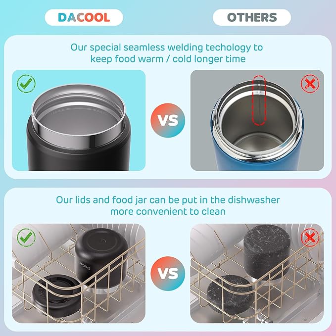 DaCool Kids Thermo for Hot Food Vacuum Stainless Steel Insulated Food Jar 13 OZ Kids Food Thermo Insulated Lunch Container Bento for School Picnic Travel Outdoors,LeakproofBPA Free, Black