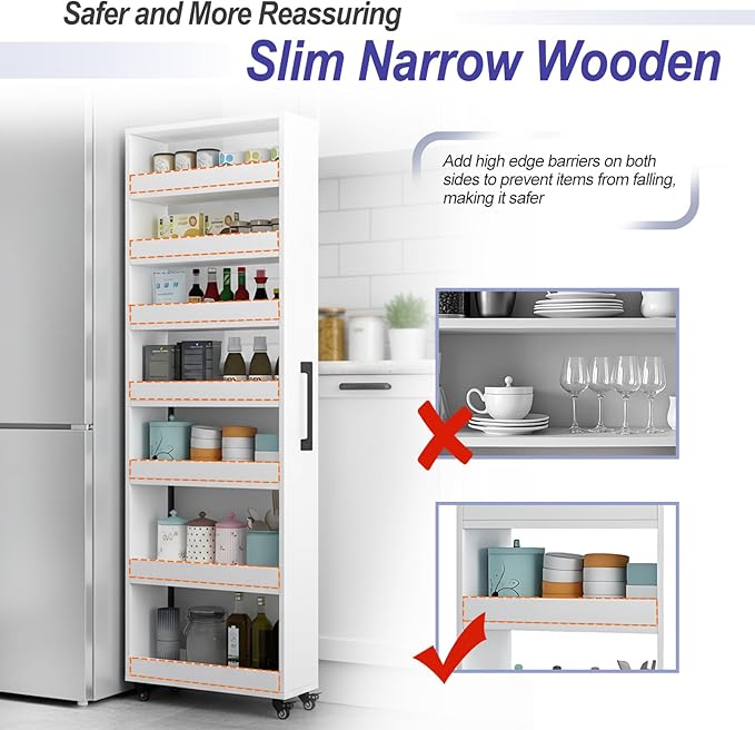 7-Tier Slim Storage Cart, Wooden Rolling Pantry Cabinet with Wheels, Narrow Shelf Organizer for Kitchen, Bakers Rack, Dining Room, Closet, Small Spaces Teak 73.2''H*9.8''W*19.6''D