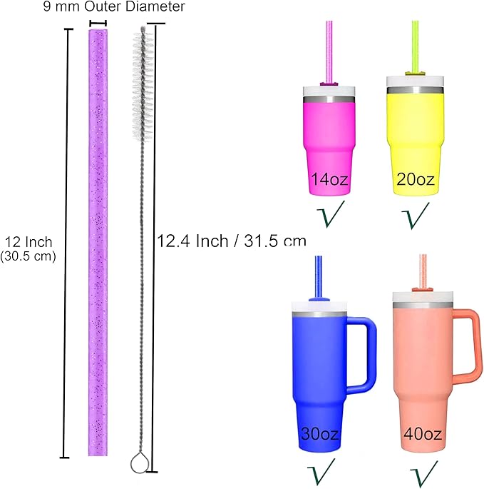 Dakoufish Replacement Glitter Straws for Stanley|Owala|Simple Modern 40oz 30oz Tumbler,10 Pack 12 Inch Reusable Black Straws With Cleaning Brush For Stanley Hydro Jug Cup,Dishwasher Safe