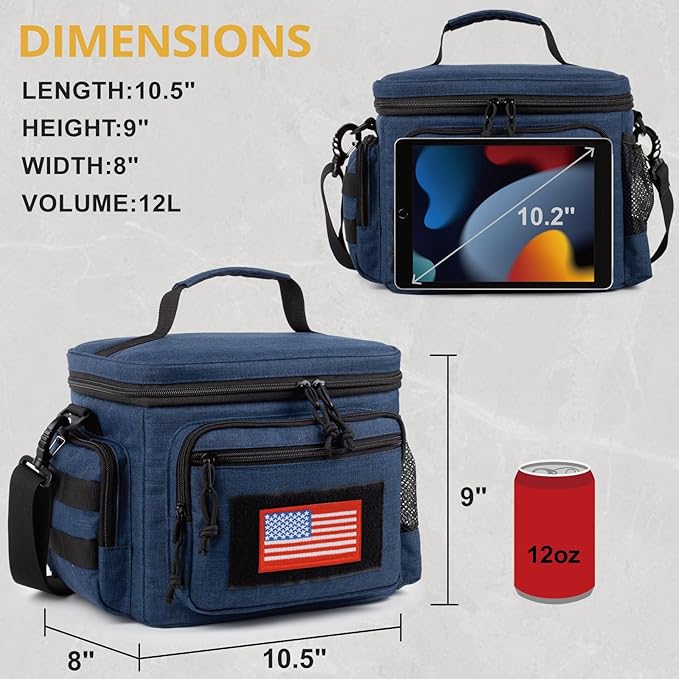 Lunch Box for Men, Tactical Lunch Bag MOLLE Webbing Leakproof Insulated Lunch Cooler Women Adult Meal with Adjustable Shoulder Strap Lunch Pail (Blue)