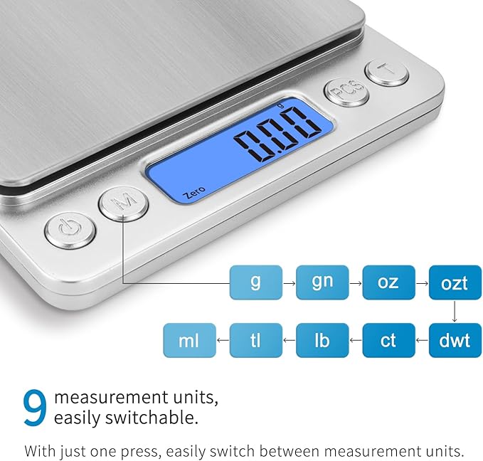 Toprime Digital Gram Scale 500g 0.01g Food Scale High Precision Kitchen Scale Multifunctional Stainless Steel Pocket Scale with Back-Lit LCD Display Tare PCS Features Silver