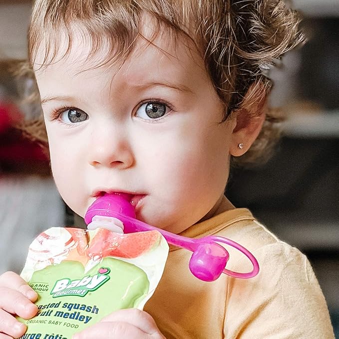 ChooMee SoftSip Food Pouch Top | Baby Led Weaning | No Spill Flow Control Valve, Protects Childs Mouth, 100% Silicone, BPA Free | 2CT Red Purple