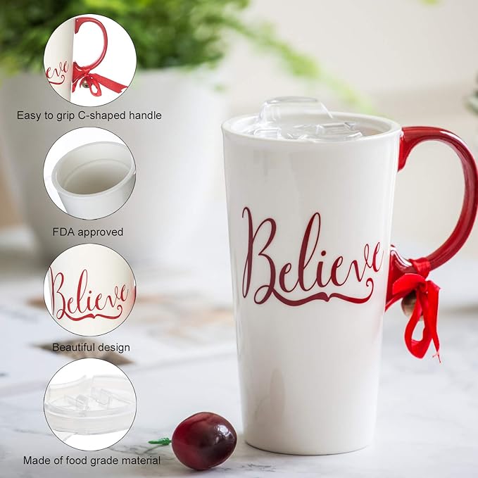 Christmas Ceramic Mug Porcelain Coffee Cup with Tritan Lid and Box,17 oz Bell Decorated (Believe)