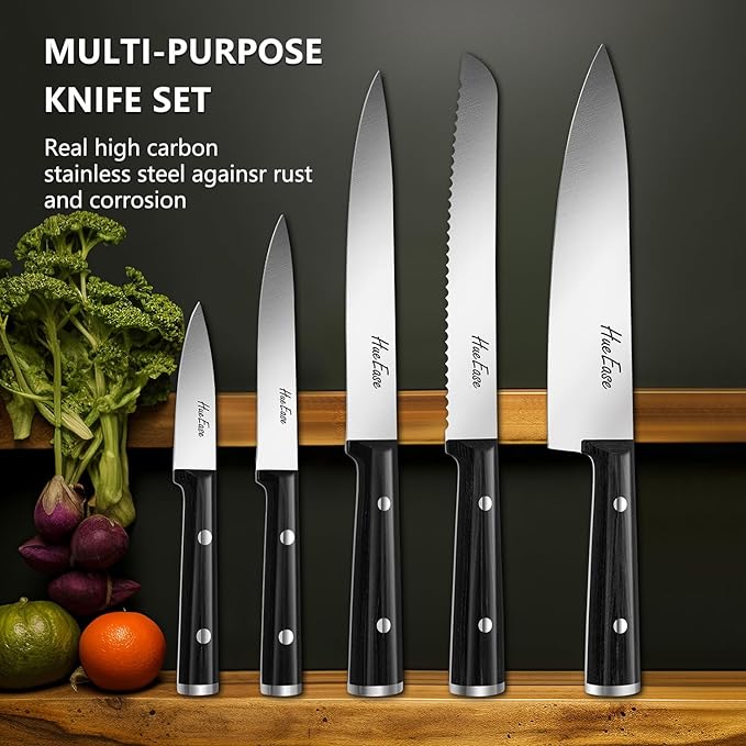 Knife Set,6-Piece Kitchen Knife for Home Use, Sharp Knife Set with Natural Acacia Wood Knife Block, Germen Steel Wood Handle Kitchen Knife Block Set, Ergonomical Design ((Ink-black))