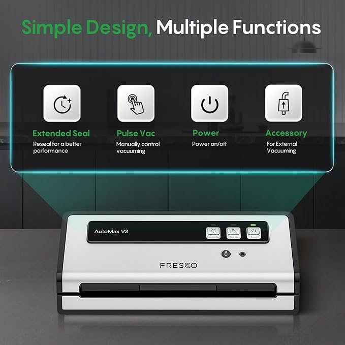 FRESKO Automatic Vacuum Sealer for Food with 95 kPa Powerful Suction, Compact Food Sealer machine Starter Kit with 10 Vacuum Bags for Dry/Moist Food, Sous Vide, Meal Prep