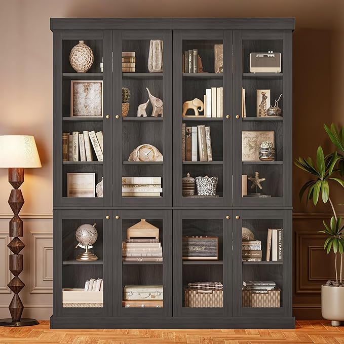 70.8" Bookshelf with Glass Doors, Farmhouse Modular Bookcase with 6-Tier Adjustable Shelves, Large Storage Cabinet for Living Room & Home Office, Set of 3, Black