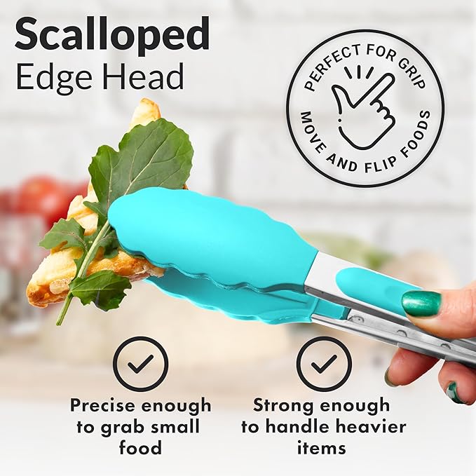 Zulay Stainless Steel Kitchen Tongs with Silicone Tips - Set of 2 (9” & 12”) Locking Cooking Tongs with Non-Slip Grip - Heat Resistant, BBQ Food Tongs for Non-Stick Cooking Pans (Silver/Aqua Sky)