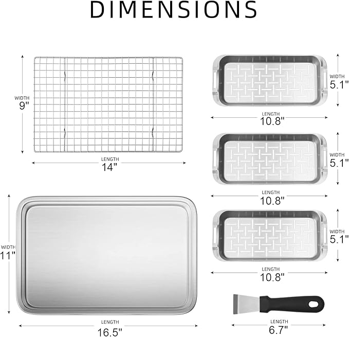 Grill Carry System, 6-Piece Stainless Steel Large Food Prep Tray, 16.5" x 11" Pan, Outdoor Grill with Cooling Rack for Vegetables, Fish, Meat, Great Grilling Gifts for Men