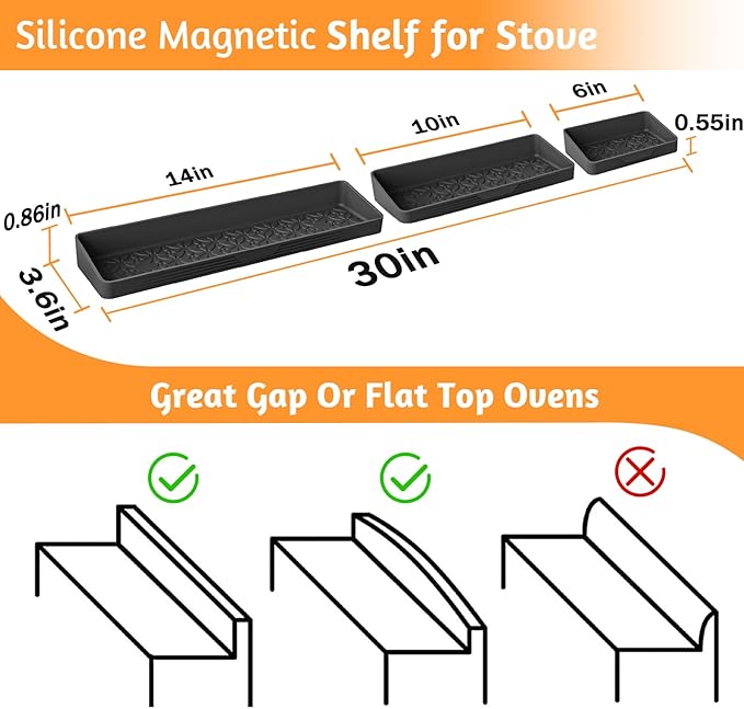 30"/24"/20" Silicone Magnetic Shelf for Stove Top for Kitchen Gadgets, Soft Flexible Strong Magnetic Heat Resistant Over the Stove Top of Shelf Spice Rack Kitchen Organizer for Back of Oven