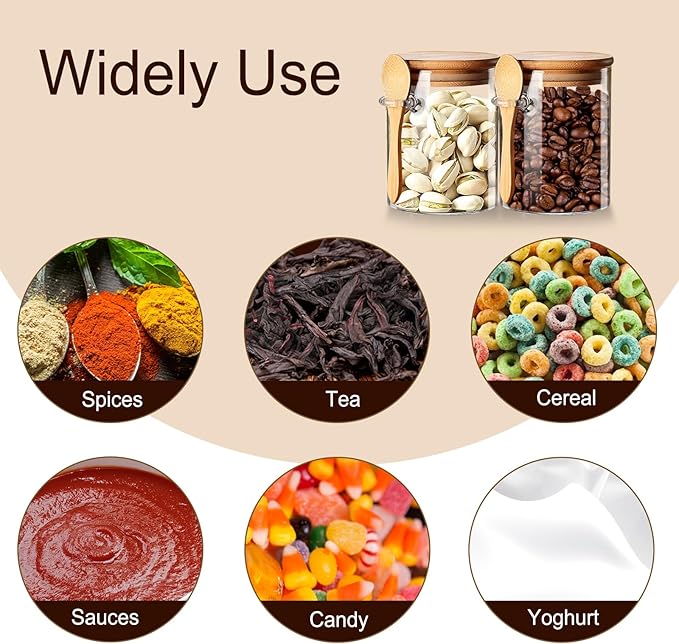 Spice Jars with Label 7oz Glass Storage Containers with Lids and Spoon Small Glass Jars for Overnight Oats Cereal Containers Storage Meal Prep Jars for Sugar Yogurt Chia Pudding Salt Candy 8pcs