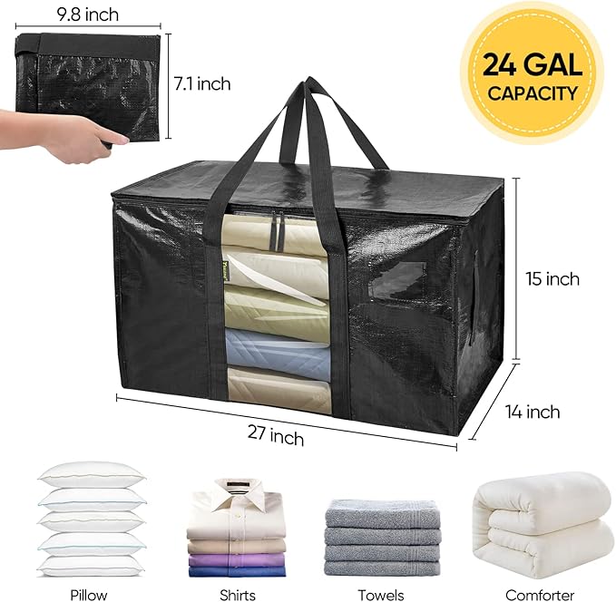 BALEINE 8-Pack Oversized Moving Bags with Reinforced Handles, Heavy-Duty Storage Tote Moving Supplies for Packaging, Camping (Black w/Window, 8-Pack)
