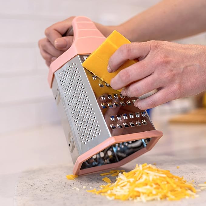 Beille 6 Side Stainless Steel Grater Top Handle Zester Slicer 7.75 Inch, Pink