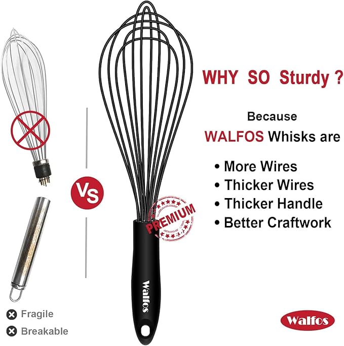 Walfos Whisk,Silicone Whisk Set of 4 Non-Scratch Silicone Coated Whisks for cooking.BPA Free and Dishwasher Safe 5+7+9+11in wisk Nice for Blending Beating Stirring and Mixing (Black）