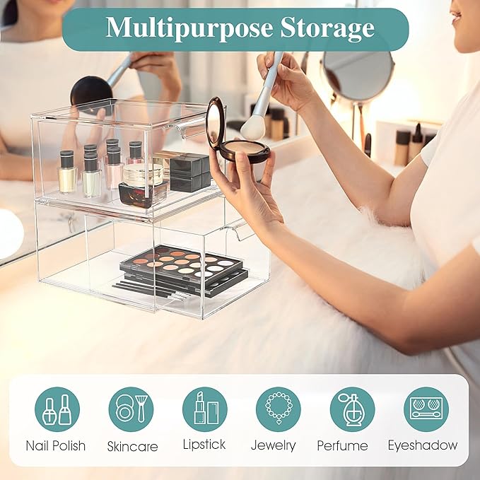3 Pack Stackable Makeup Organizer and Storage, Acrylic Organizers，Clear Plastic Storage Drawer with Handles for Vanity, Undersink, Kitchen Cabinets, Pantry
