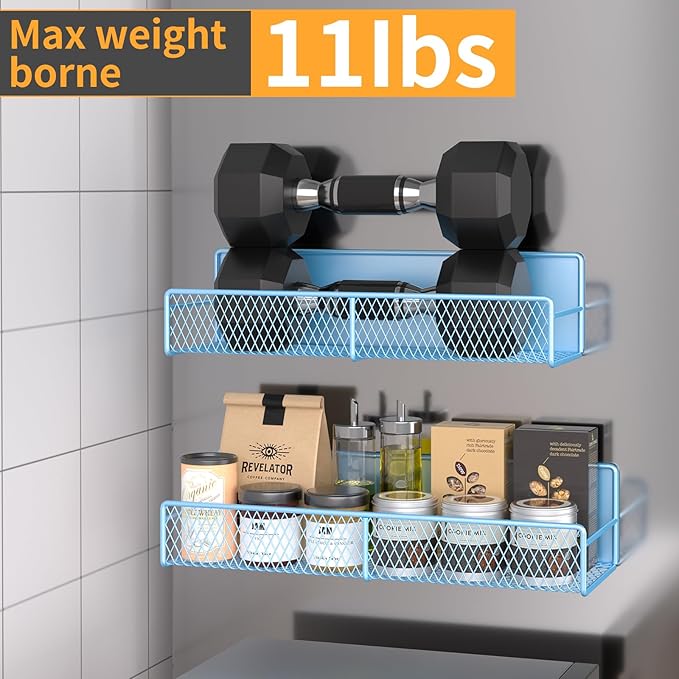 Magnetic Spice Rack for Refrigerator, 4 Pack 100% Metal Strong Magnet Fridge Shelves, Space Saving Spice Organizer, No Drilling Moveable Home Kitchen Laundry Room Storage Organization, Blue