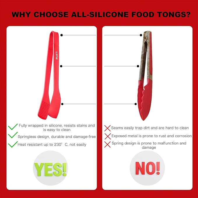 Mu&Ti Silicone Kitchen Tongs 11 Inch Spatula Silicone Toast Tongs Salad Tongs for Cooking Salad BBQ Serving Toast Grilling Locking Frying Baking Steak(Red)
