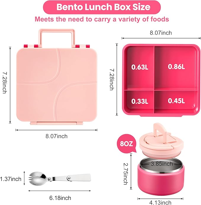Bento Lunch Box for Kids with 8oz Soup Thermo,Kids Leakproof Lunch Food Containers with 4 Compartment,Kid Insulated Thermo Hot Food Jar for School,Trvael-Pink