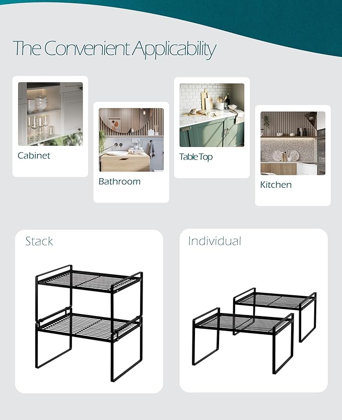 2Pack Kitchen Cabinet Shelf Counter Organizer Rack Pantry Storage Bathroom Bedroom Office Table Desk Space Saving Stackable Rust Resistant Non Slip Black Wide L13.1in W10.6in H7.3in