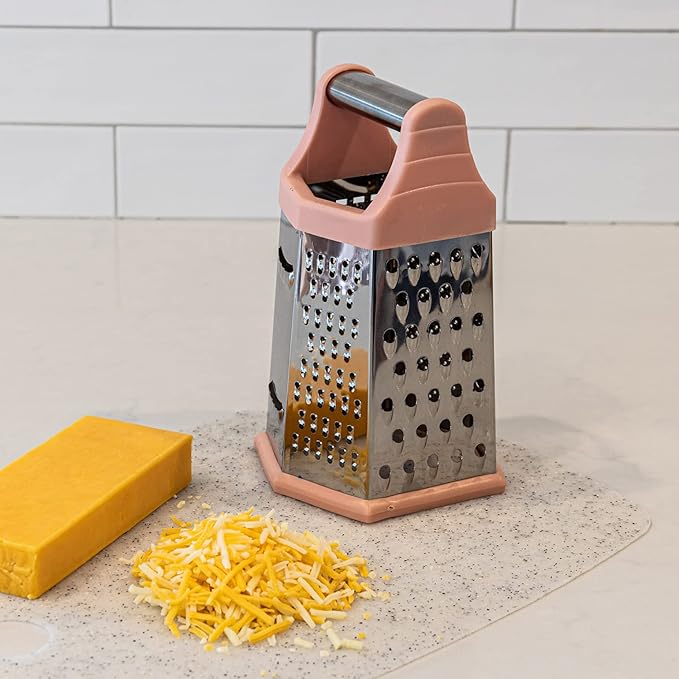 Beille 6 Side Stainless Steel Grater Top Handle Zester Slicer 7.75 Inch, Pink