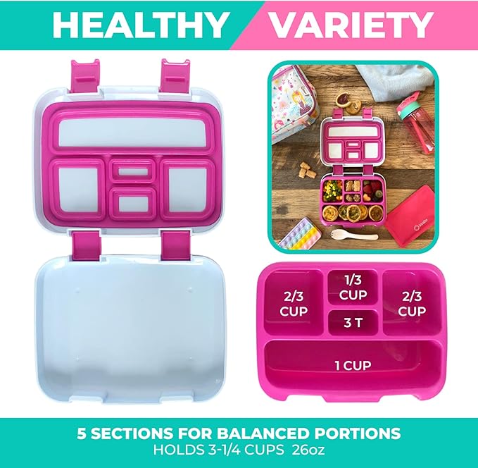 Bento Box, Lunch Bag, Ice Pack Water Bottle Set for Kids - 5 Compartments, Removable Tray, Lunches or Snack Container Girls Toddlers Daycare Pre-School, Kindergarten Pink Purple Fairy Princess