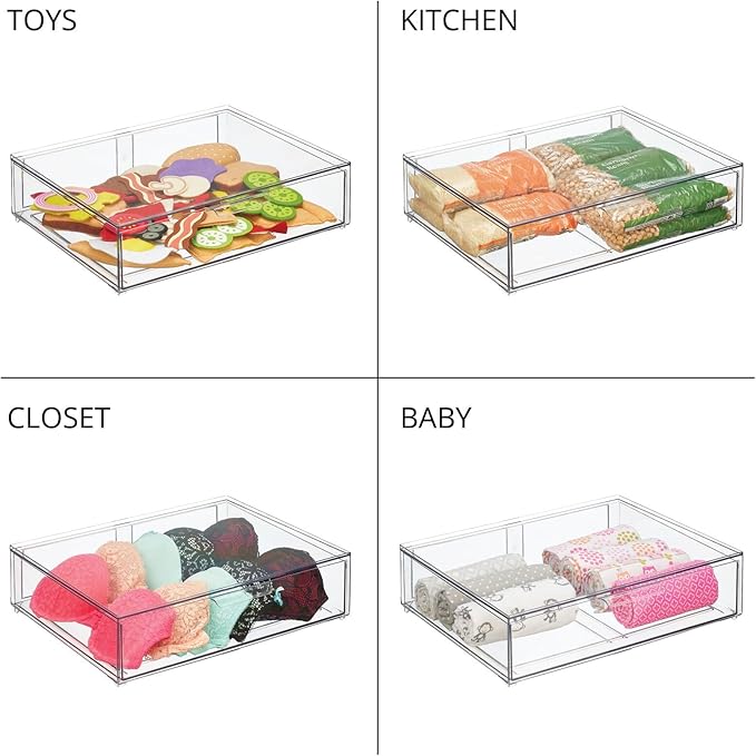mDesign Wide Plastic Stackable Bathroom Storage Organizer Bin with Pull Out Drawer for Cabinet, Vanity, Shelf, Cupboard, Cabinet, Countertop, or Closet Organization - Lumiere Collection - Clear