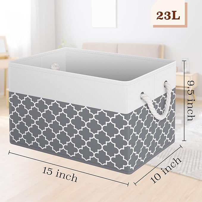 Fab totes Storage Bins [3-Pack], Foldable Storage Baskets for Organizing Toys, Books, Shelves, Closet, Large Storage Box with Rope Handles, Sturdy Organizer Bins,Clover Grey