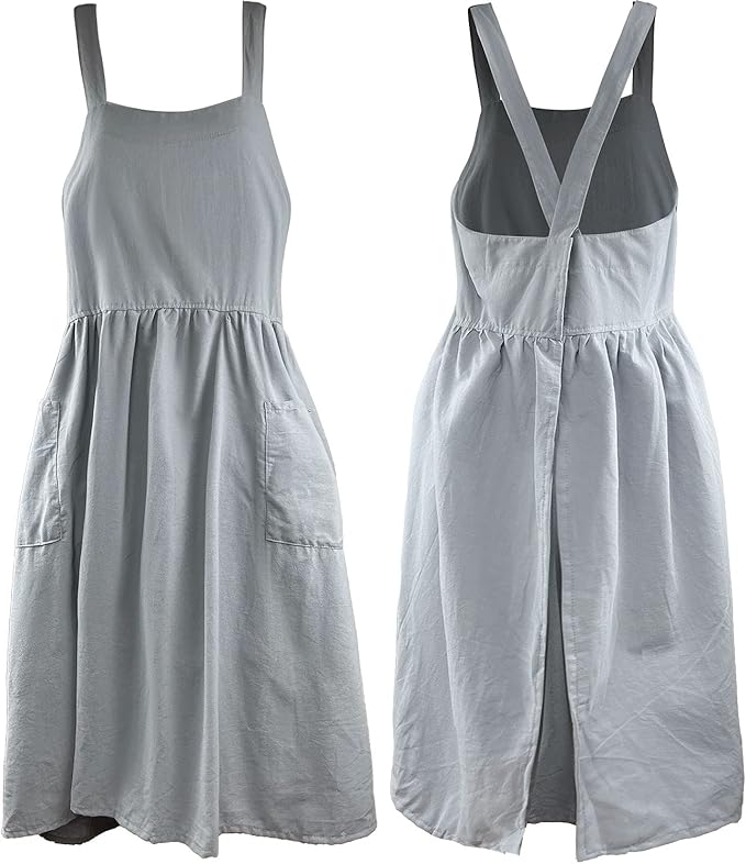 Uaussi Cotton Linen Apron Cross Back Work Apron for Women with Pockets Pinafore Dress X Cross Halter Apron for Chef Gardening