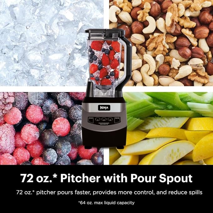 Ninja Blender, For-Smoothies, Salsa, Shakes, Slush, and-Frozen Drinks, Pitcher, and-Lid, for-Kitchen, Crushes Ice, Fruit, and-Veggies, 1000-Watt, Dishwasher Safe, Black, NJ601AMZ