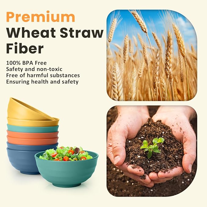 Homienly Large Bowls, 60 Oz Salad Bowls, Large Cereal Bowls, 8PCS Unbreakable Wheat Straw Serving Bowls for Pho, Popcorn, Soup & Oatmeal, Microwave & Dishwasher Safe for Kitchen, Camping (Multi)