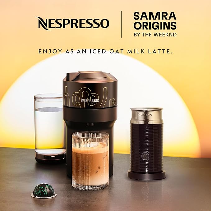 Nespresso Vertuo Pop+ Coffee and Espresso Maker by De'Longhi, Samra Origins by The Weeknd Vertuo Buna Yellow Aeroccino3 milk frother
