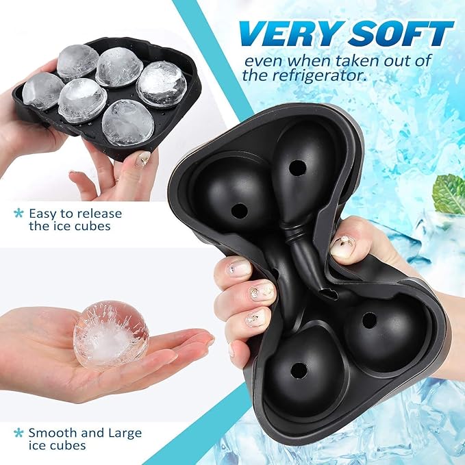 LessMo Ice Cube Trays Ice Ball Maker with Lids 2 Pack, Silicone Sphere Round Ice Mold & Large Square Ice Cube Molds Reusable & BPA Free for Freezer, Whiskey, Chilled Drinks, Black