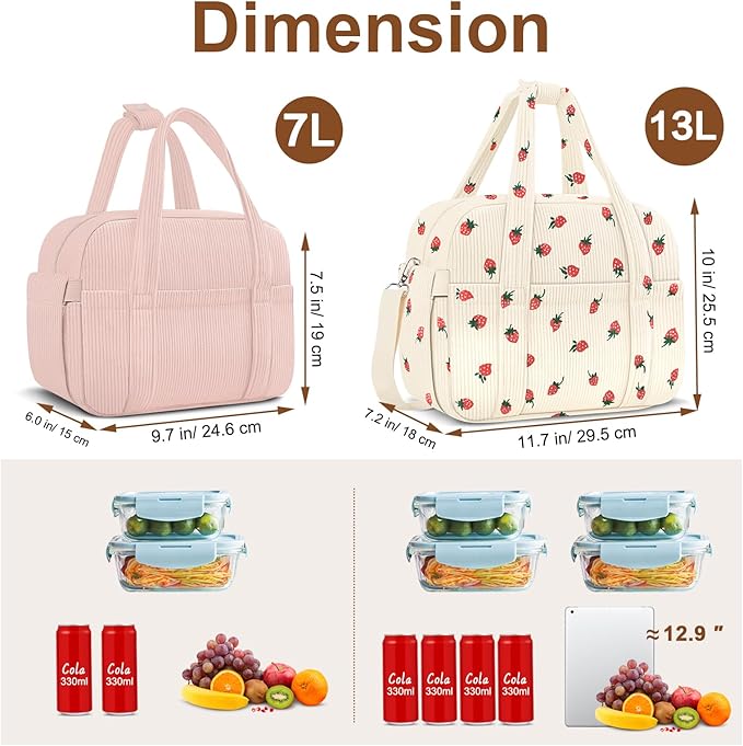Corduroy Lunch Box Lunch Bag for Women Men, Cute Strawberry Small Insulated Reusable Work Leakproof Simple Lunch Boxes Tote Bag Adults Cooler Bag