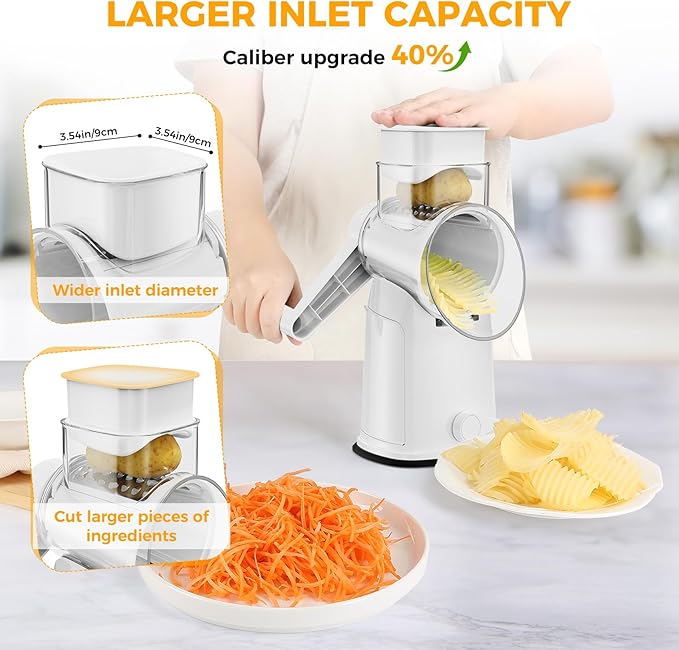 7 IN 1 Upgraded Rotary Cheese Grater with Handle – Vegetable Shredder with Built-in Storage Blade Slot, 5 Versatile Blades, Strong Suction Base Round Mandoline Slicer, Food Chopper for Kitchen