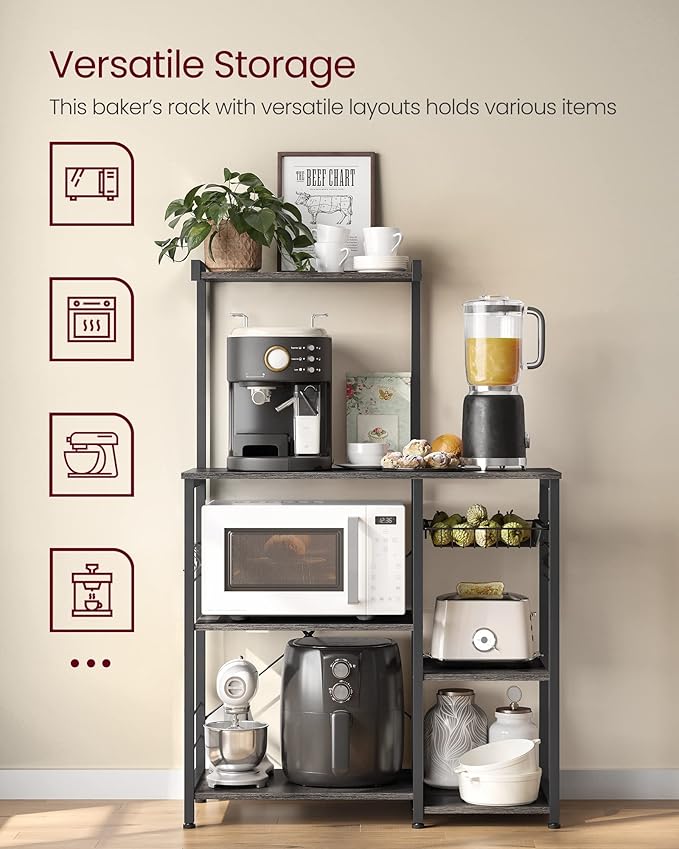 VASAGLE Baker's Rack, Microwave Stand, Kitchen Storage Rack with Wire Basket, 6 Hooks, and Shelves, for Spices, Pots, and Pans, Charcoal Gray and Ink Black UKKS035B04